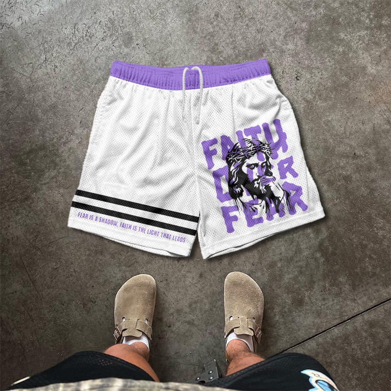 Fear Is A Shadow,Faith Is The Light That Leads Print Mesh Shorts - White - 5XL - image 1