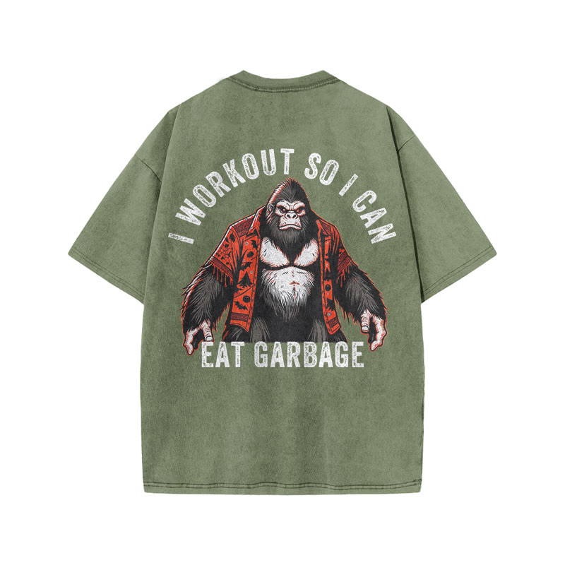 100% Cotton I Workout So I Can Eat Garbage Gym Print Acid Washed T-shirt - Army Green - US20-22(3XL) - image 8