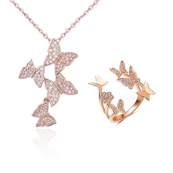Mother's Day Gift Free Spirit Rose Gold Butterfly Ring & Necklace-Engravingift