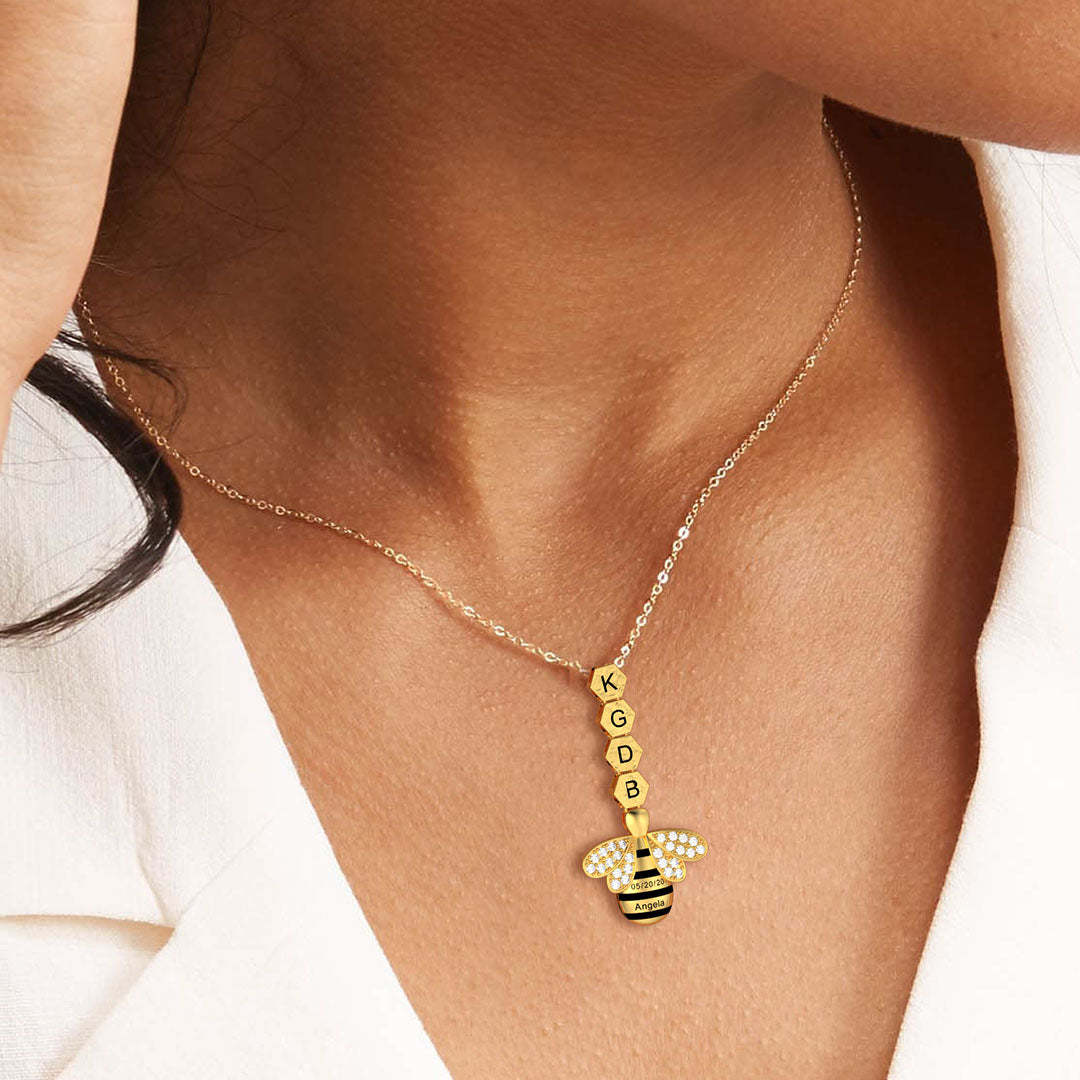 Mother's Day Gift "Save The Bees" Personalized Honeycomb Necklace With Bee Charm-Engravingift