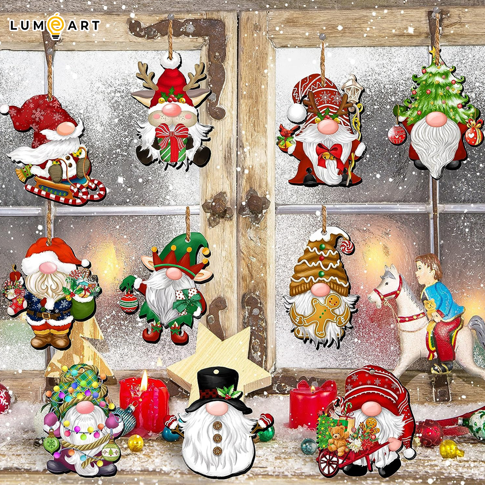 Set 12 Pcs Santa Clause Christmas Wooden Mini Ornaments