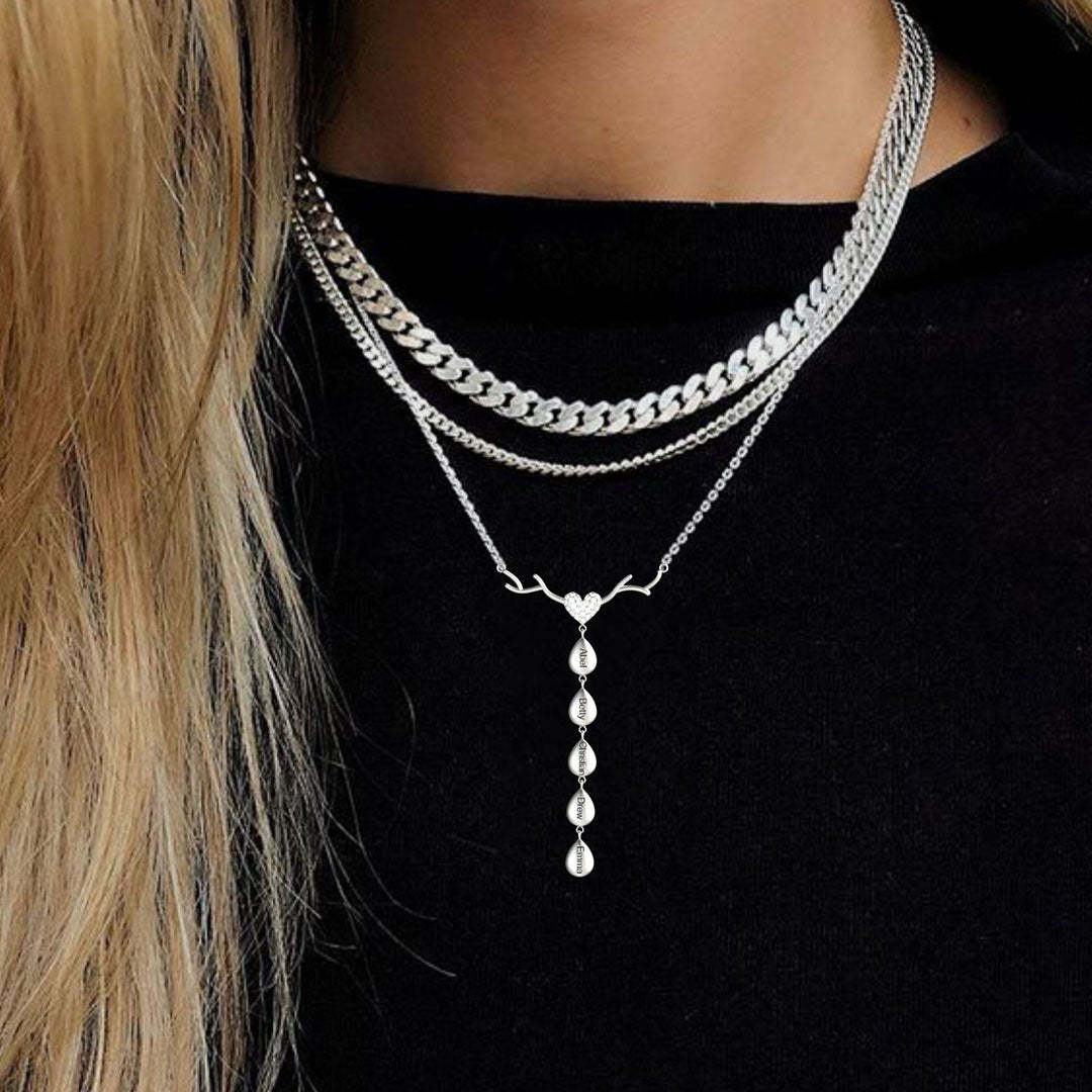 Mother's Day Gift Personalized Antlers Heart Drop Pendant Necklace-Engravingift