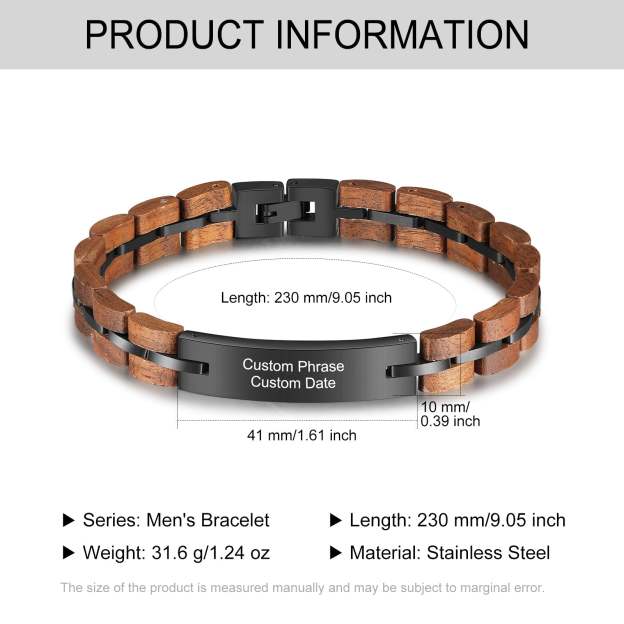 Christmas Gift Personalized ID Bar Bracelet in Black with Wood Link Chain Men Bracelet