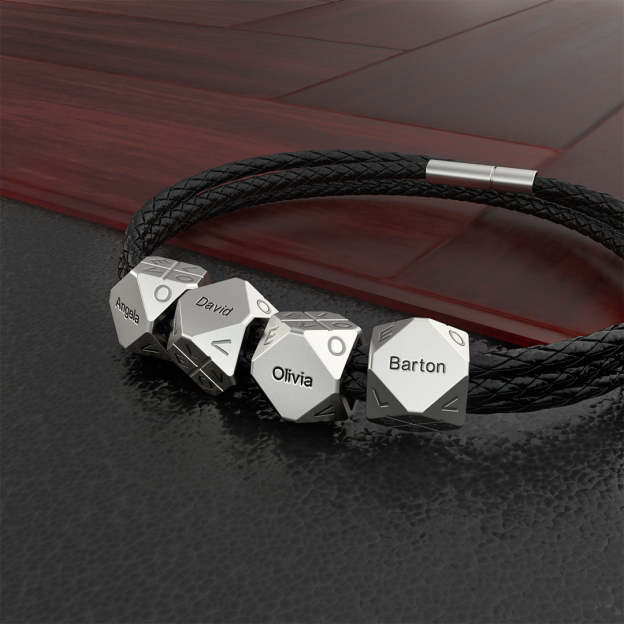 Christmas Gift Men's Braided Leather Bracelet With Polyhedral Custom Beads