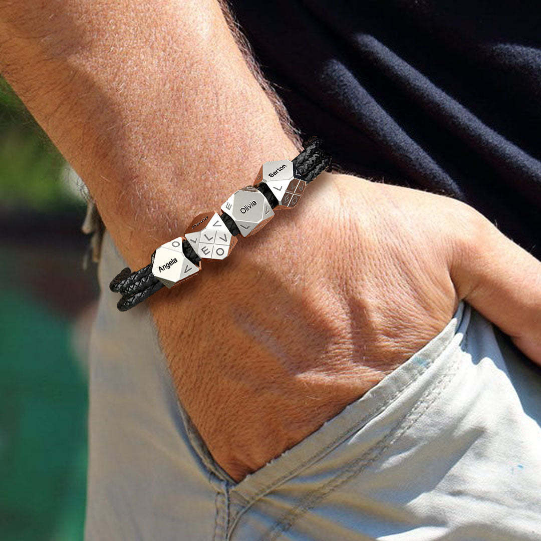 Christmas Gift Men's Braided Leather Bracelet With Polyhedral Custom Beads
