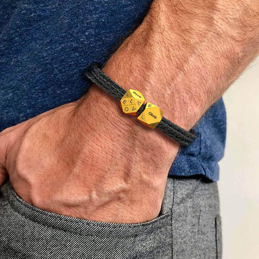 Christmas Gift Men's Braided Leather Bracelet With Polyhedral Custom Beads