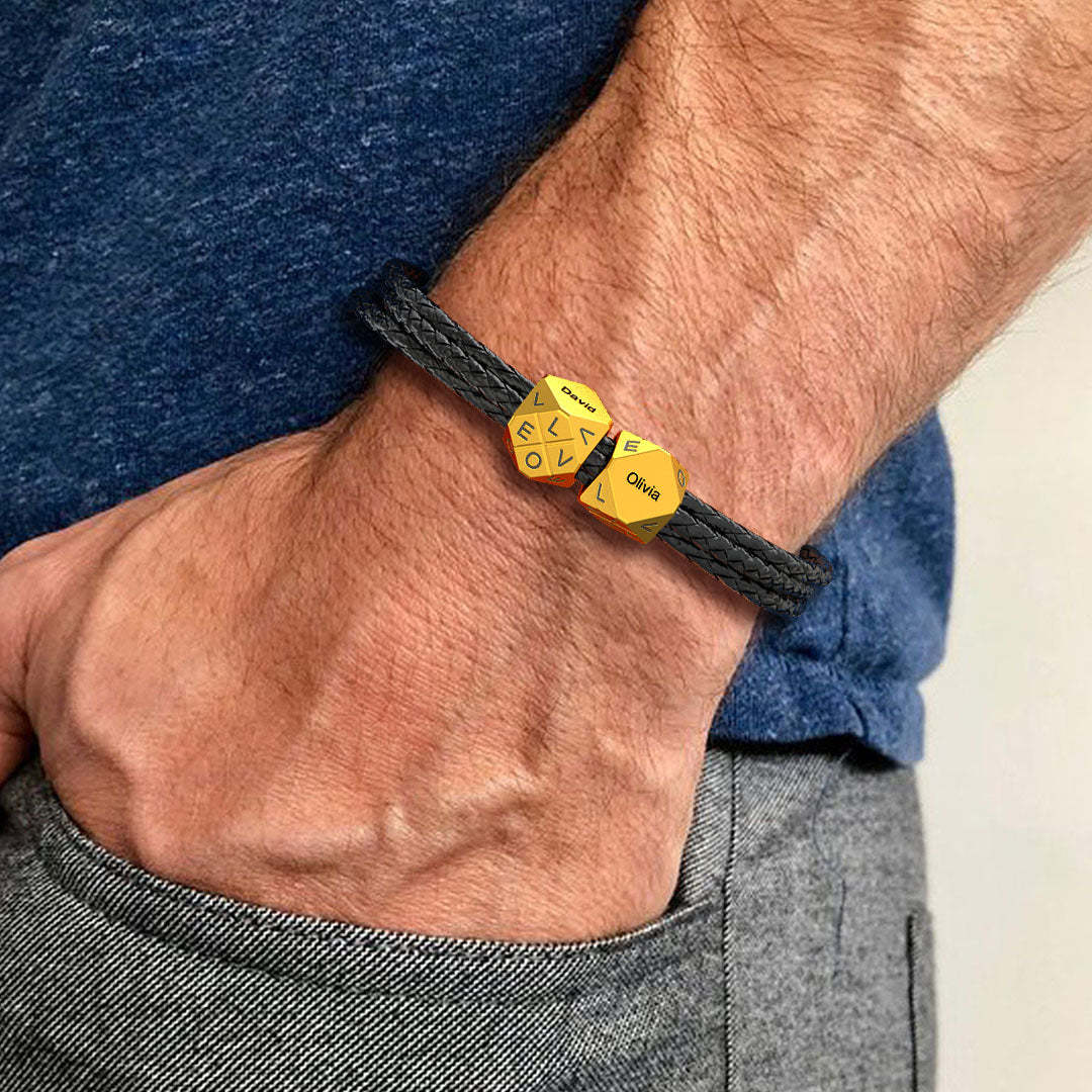 Christmas Gift Men's Braided Leather Bracelet With Polyhedral Custom Beads