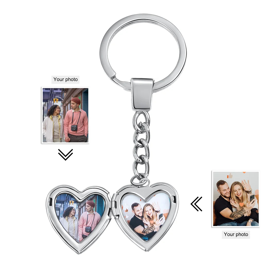 Heart Photo Locket Keychain In Silver Personalized 2 Photos Gift for Couple