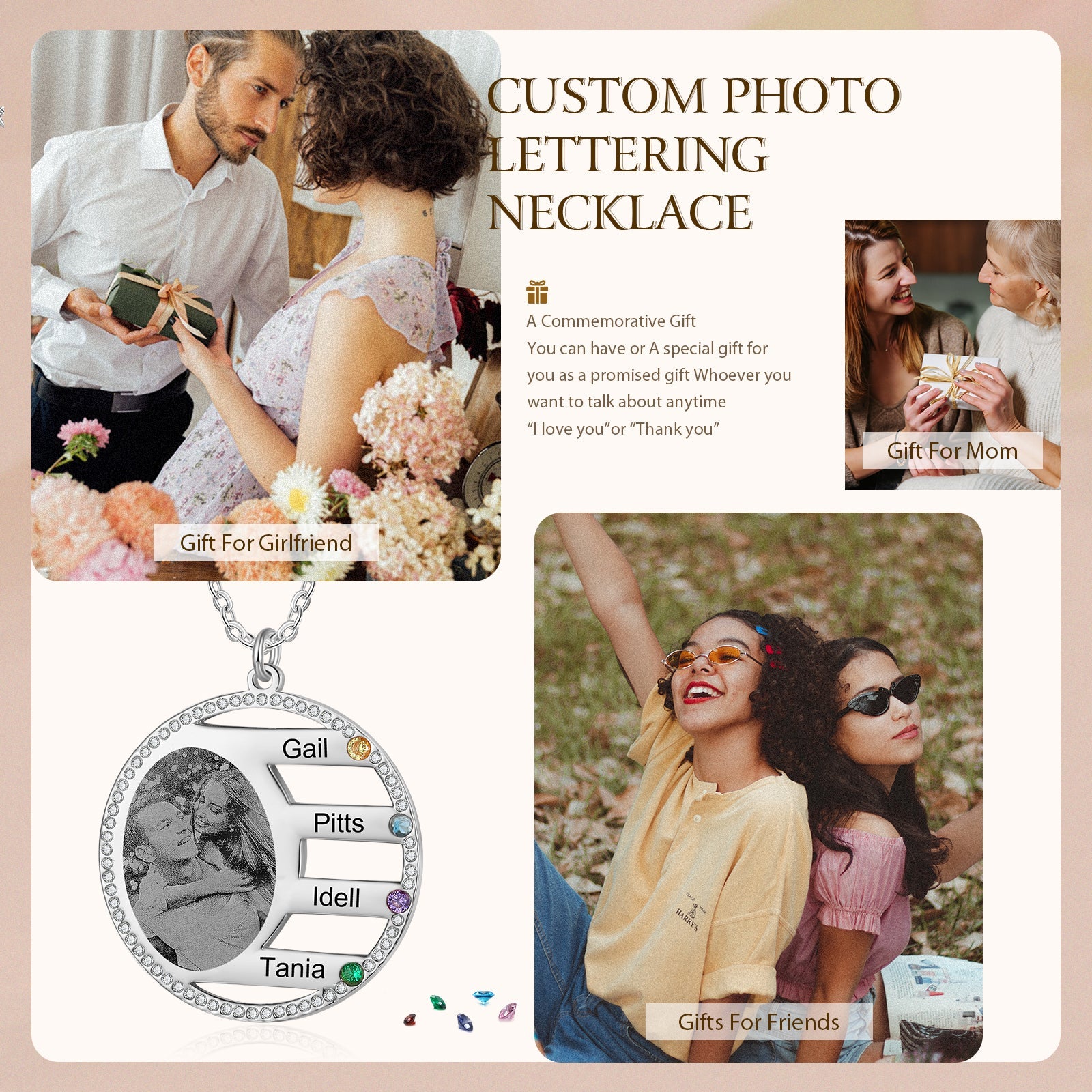 Mother's Day Gift Custom Photo Pendant Necklace with 4 Birthstones Anniversary Birthday Gift for Mother Grandma-Engravingift