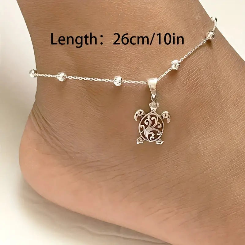 Mother's Day Gift Oval Beads Turtle Shape Pendant Chain Anklet Women's Summer Beach Vacation Ankle Bracelet-Engravingift