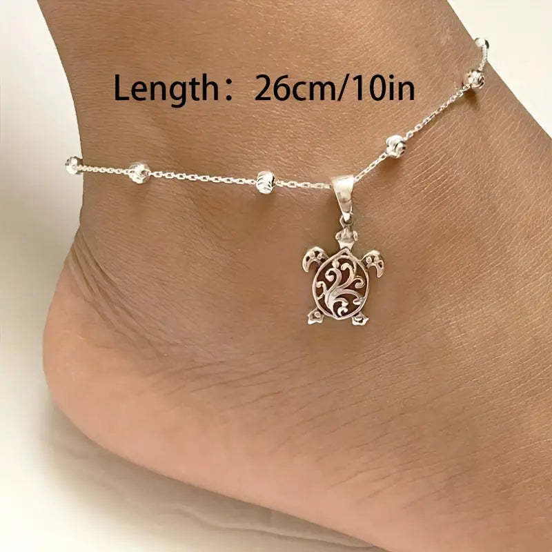 Mother's Day Gift Oval Beads Turtle Shape Pendant Chain Anklet Women's Summer Beach Vacation Ankle Bracelet-Engravingift