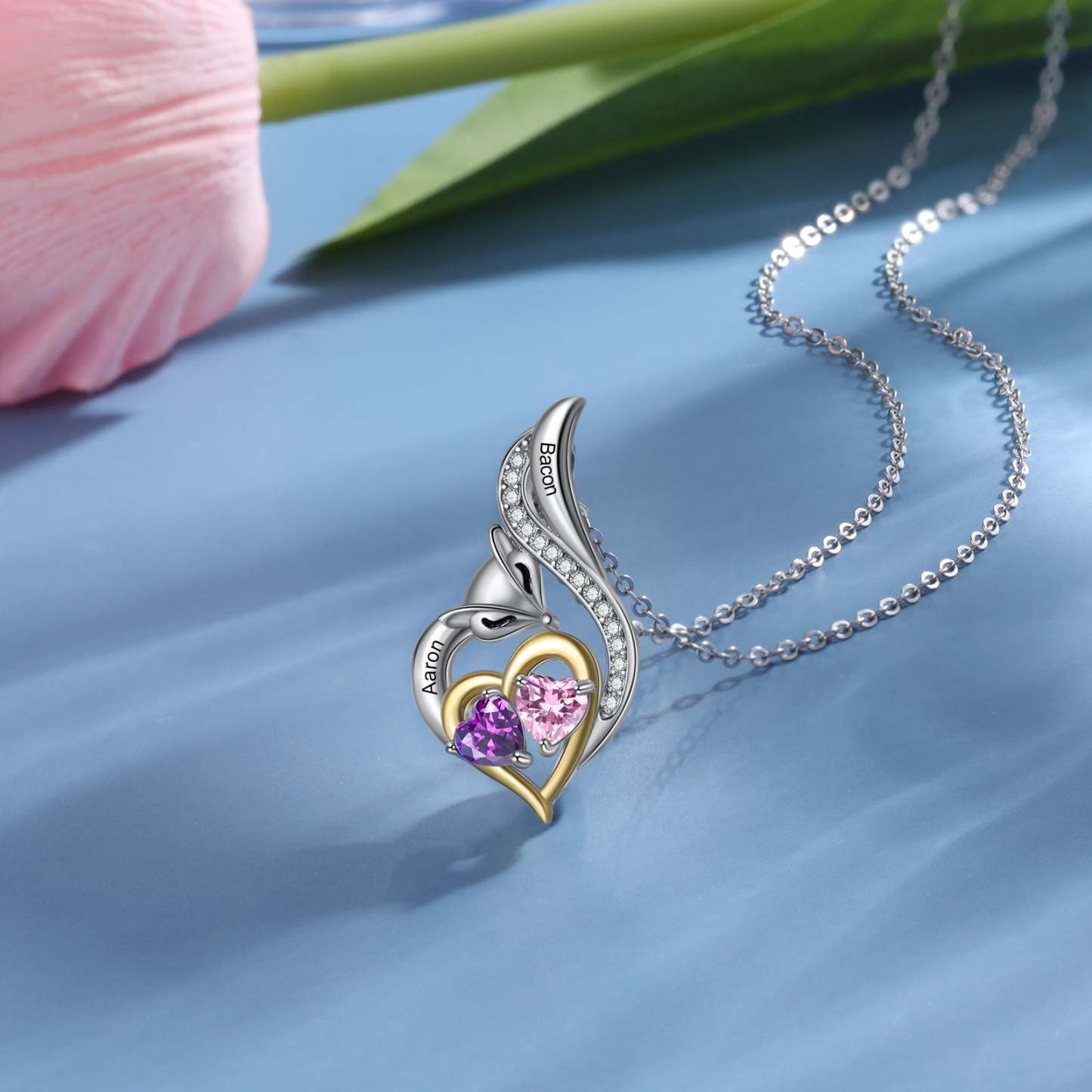 Mother's Day Gift Custom Heart Fox Pendant Necklace with 2 Birthstones Animal Necklace for Girls-Engravingift