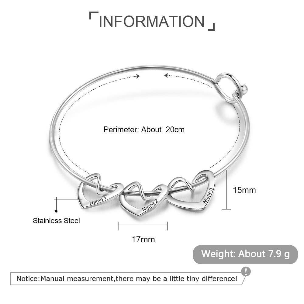 Mother's Day Gift Women Bangle Bracelet with 3 Heart Pendant Engraved 3 Names Love Bracelet-Engravingift