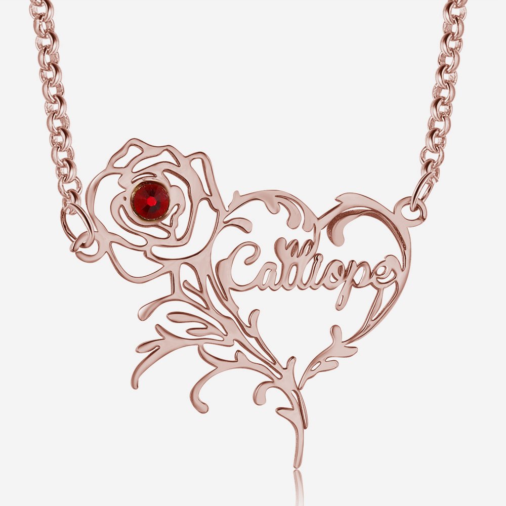 Mother's Day Gift Name Necklace Rose With Birthstone Heart Shape Personalized Name Necklaces-Engravingift