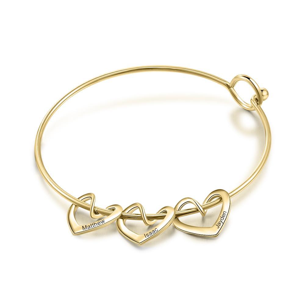 Mother's Day Gift Women Bangle Bracelet with 3 Heart Pendant Engraved 3 Names Love Bracelet-Engravingift
