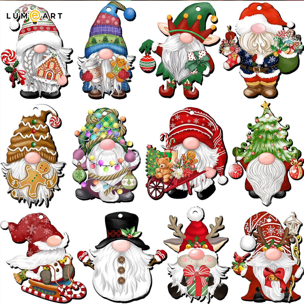 Set 12 Pcs Santa Clause Christmas Wooden Mini Ornaments