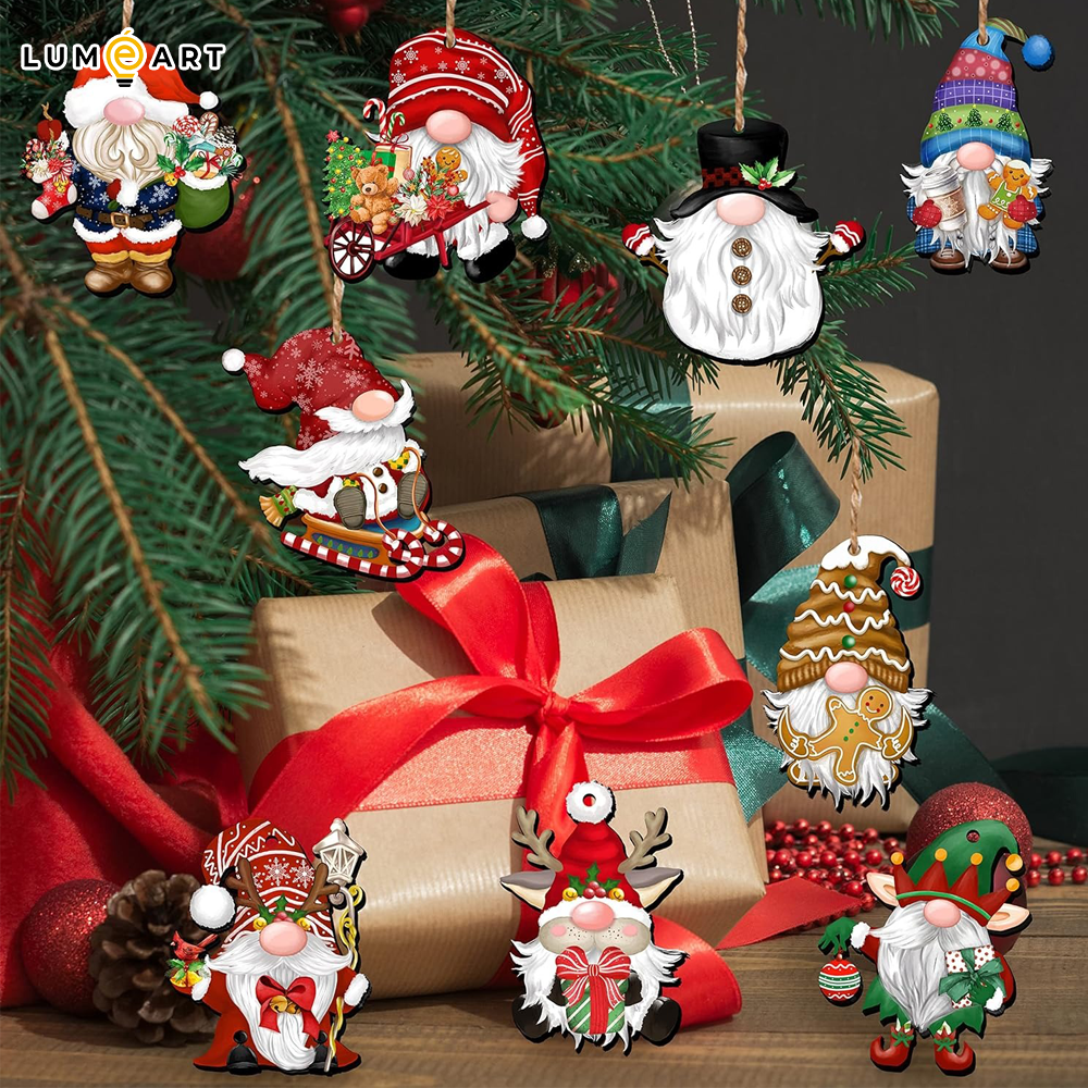 Set 12 Pcs Santa Clause Christmas Wooden Mini Ornaments