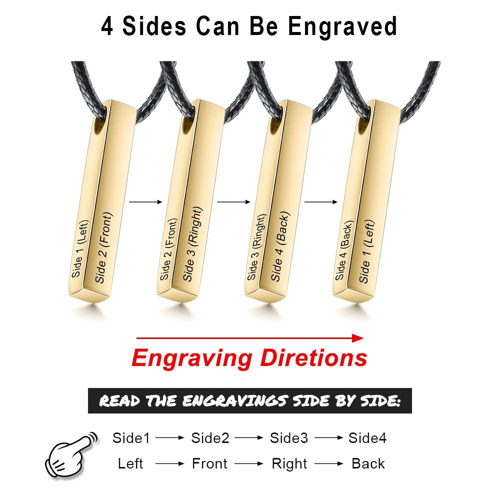 Christmas Gift Men Vertical Bar Necklace Engraved 4 Side 3D Bar Necklace Personalized with 4 Names-Engravingift