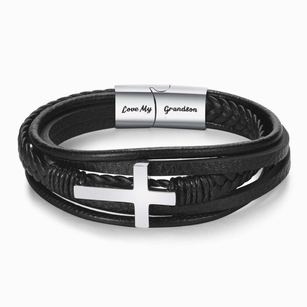 Christmas Gift To My Grandson Cross Braided Leather Bracelet "Pray Through It"