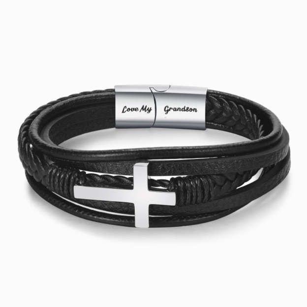 Christmas Gift To My Grandson Cross Braided Leather Bracelet "Pray Through It"