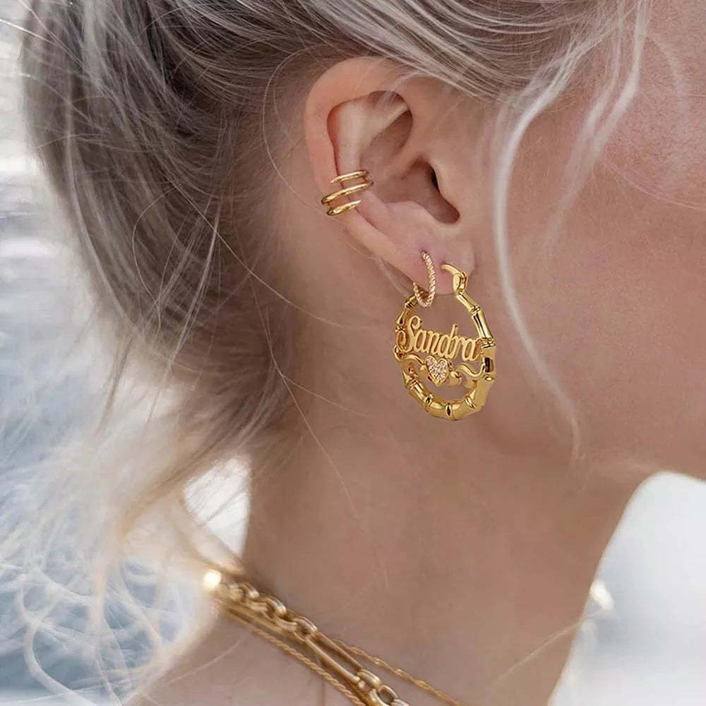 Mother's Day Gift Personalized Name Earrings Custom Bamboo Hoop Earrings for Women-Engravingift
