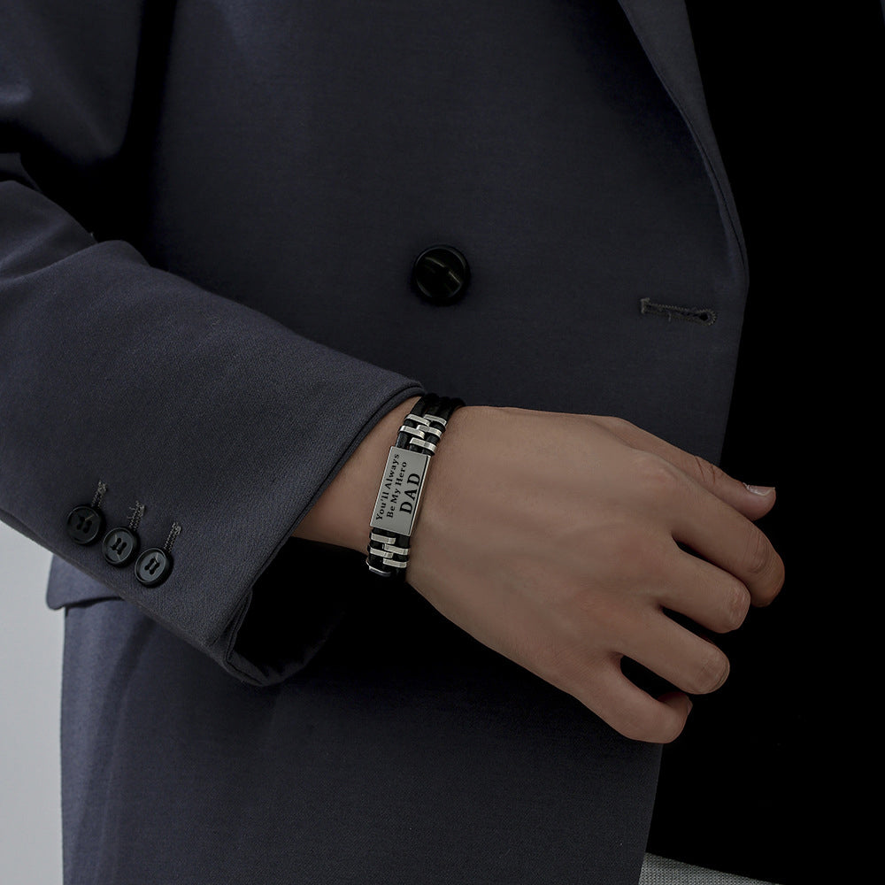 Christmas Gift Personalized Men Leather Bracelet Engraved Name and Text ID Bar Bracelet