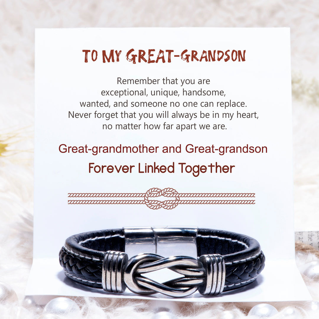 Christmas Gift To My Great-grandson Braided Leather Knot Bracelet "Never Forget That You Will Always Be in My Heart"