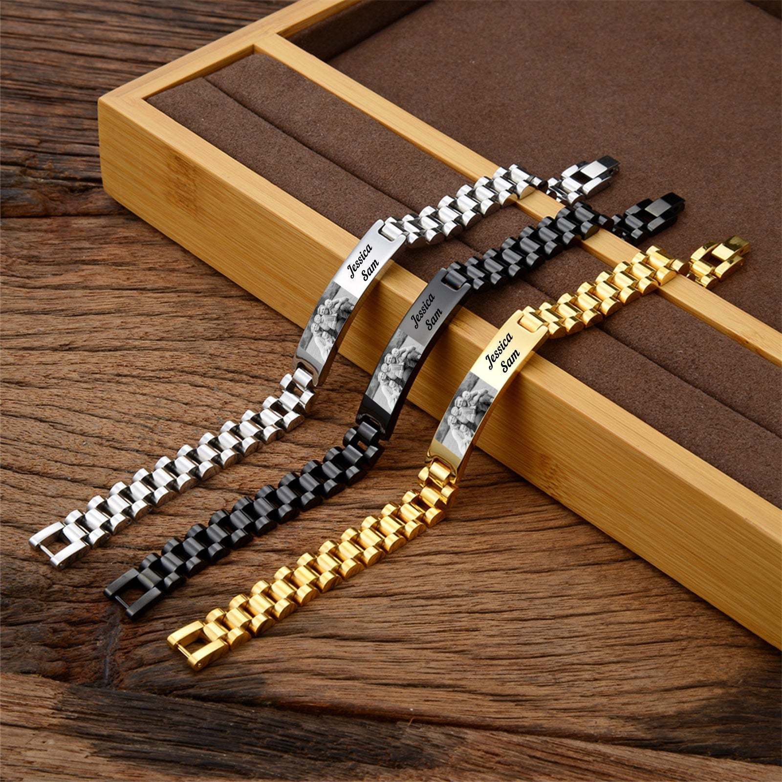 Christmas Gift Personalized ID Bar Bracelet with Name and Photo Bracelet Father's Day Gift