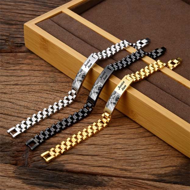 Christmas Gift Personalized ID Bar Bracelet with Name and Photo Bracelet Father's Day Gift