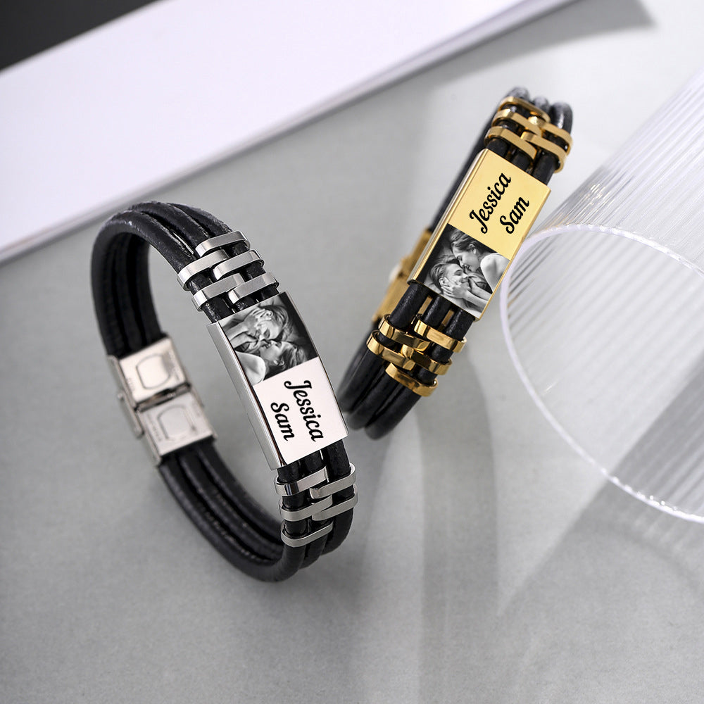 Christmas Gift Personalized Photo Bracelet in Gold ID Bar Leather Bracelet Father's Day Gift