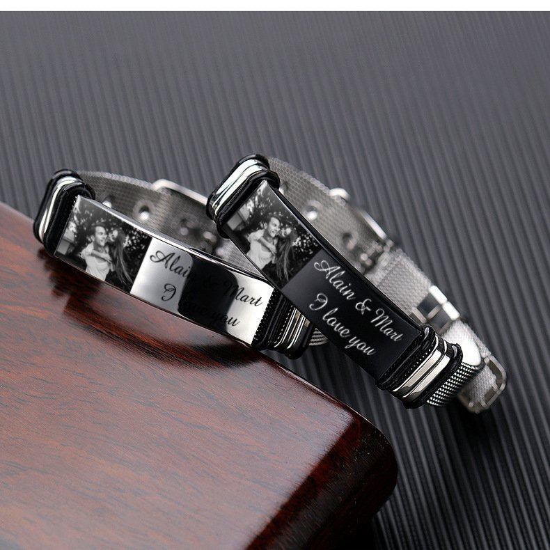 Father's Day Gift Personalized Men Photo Bracelet Engraved ID Bar Bracelet-Engravingift