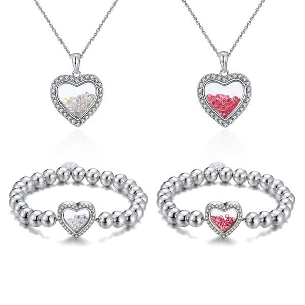 Mother's Day Gift Shimmering Heart Crystal Shaker Bracelet and Necklace Set-Engravingift