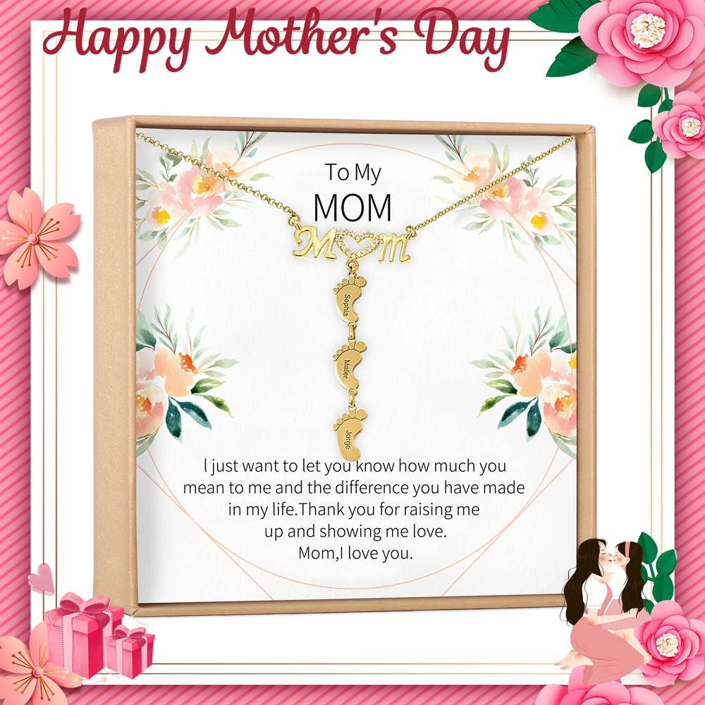 Christmas Gift Personalised Heart Crystal Mom Necklace With Baby Feet