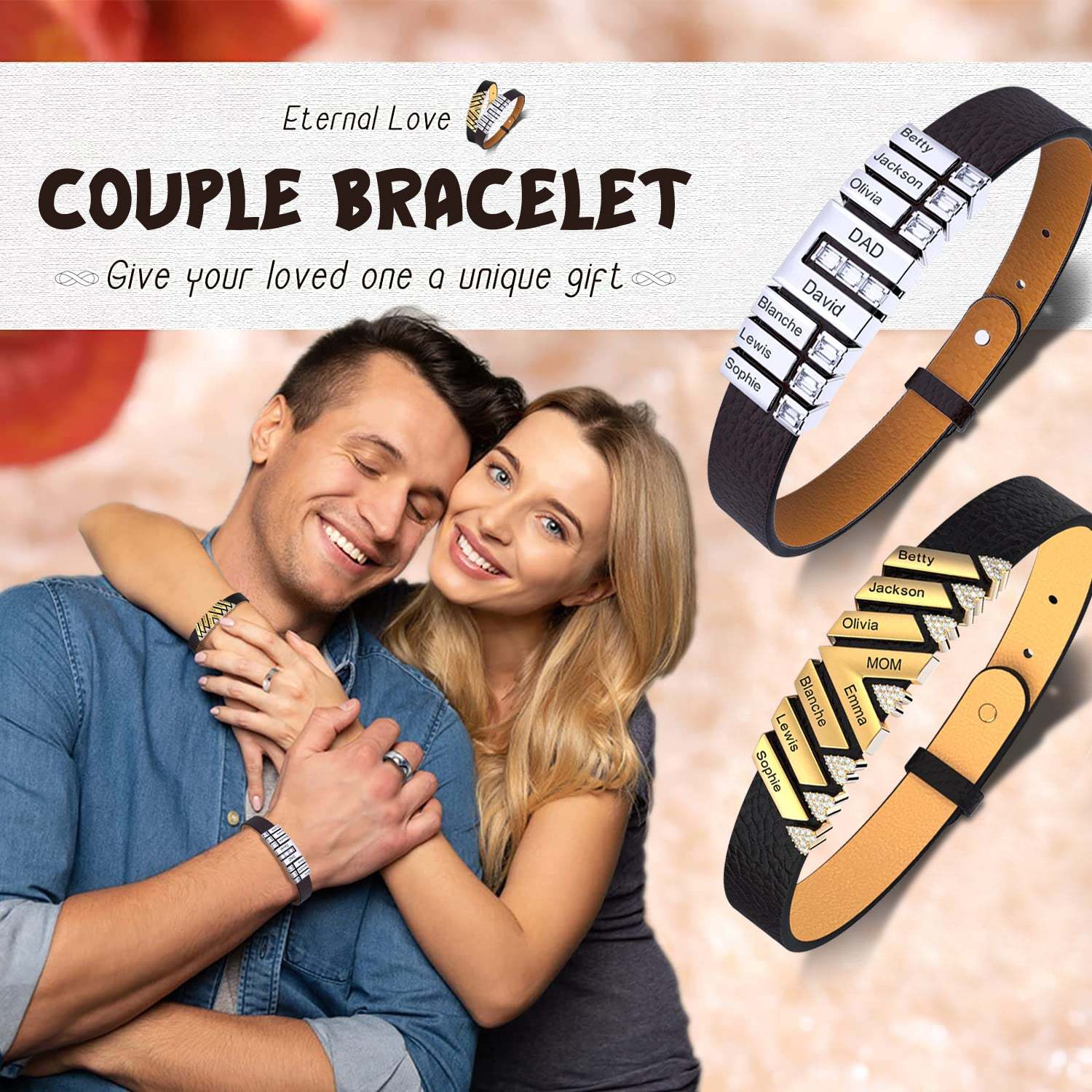 Personalized Leather V Bracelet With Diamond Charms for Grandma/Mom/Dad