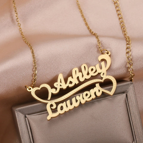 Christmas Gift Two Love Hearts Couple Name Necklace