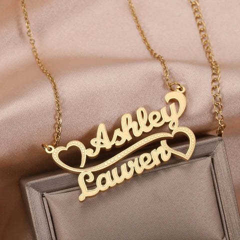 Christmas Gift Two Love Hearts Couple Name Necklace