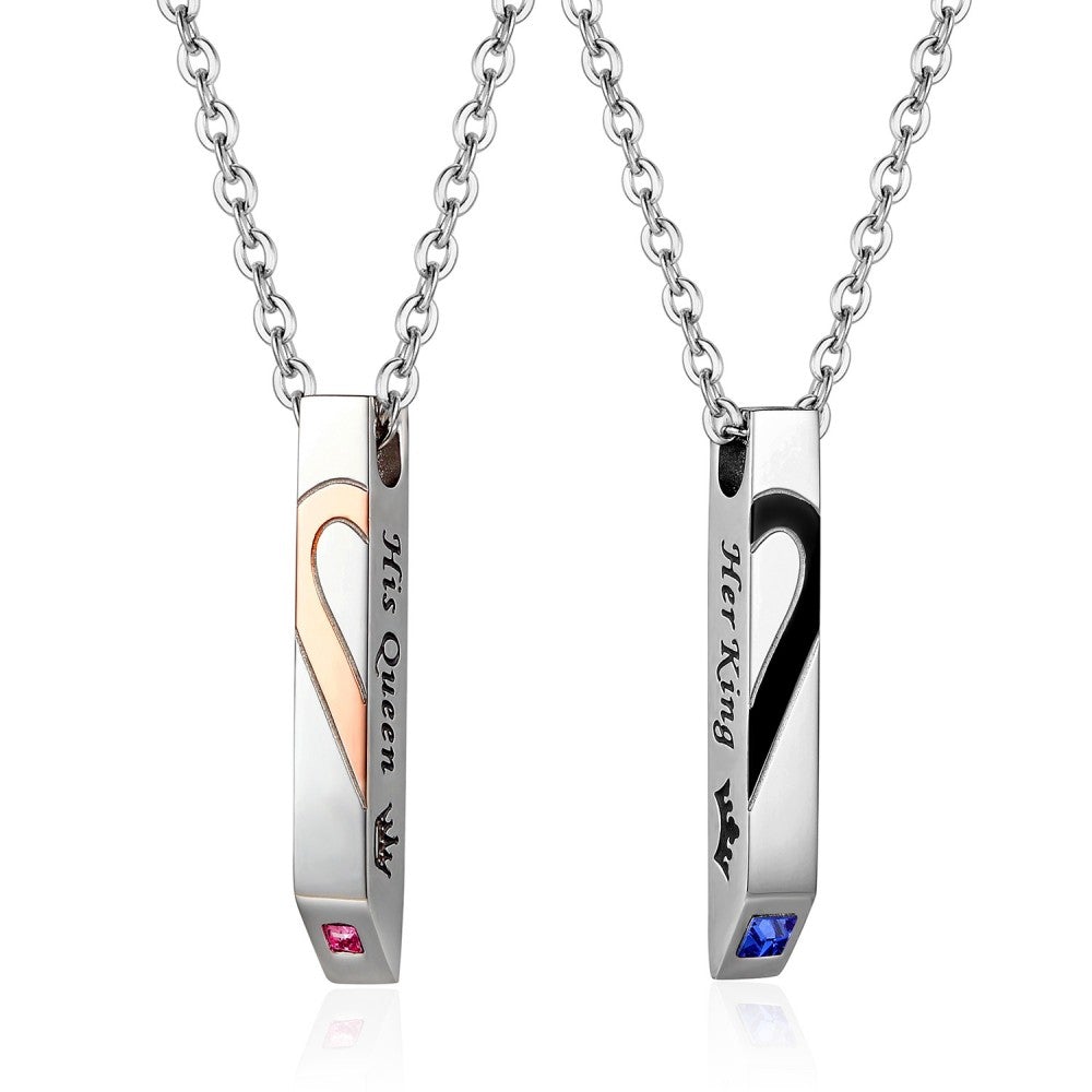 Valentine's Day Gift Her King His Queen Matching Heart Necklaces With Birthstone For Couples