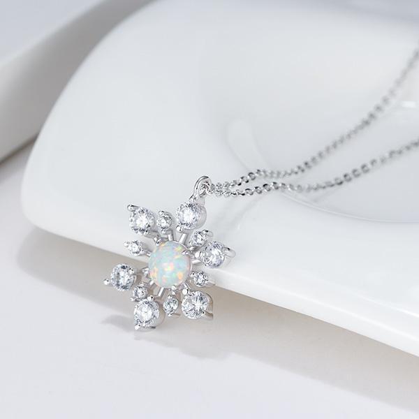 Mother's Day Gift Irridescent Opal Sterling Silver Snowflake Pendant Necklace-Engravingift