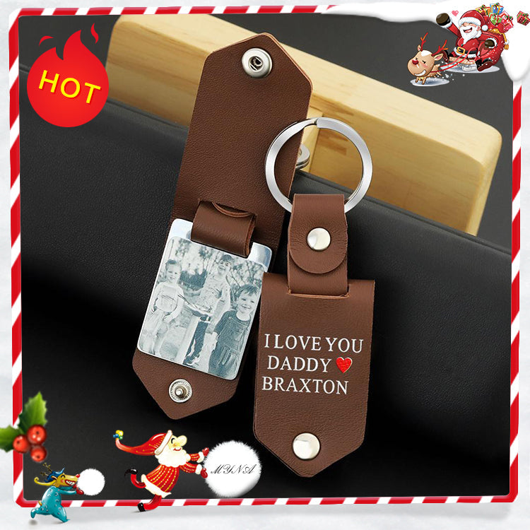 Father's Day Gift Custom Photo cowhide Leather Keychain-Engravingift
