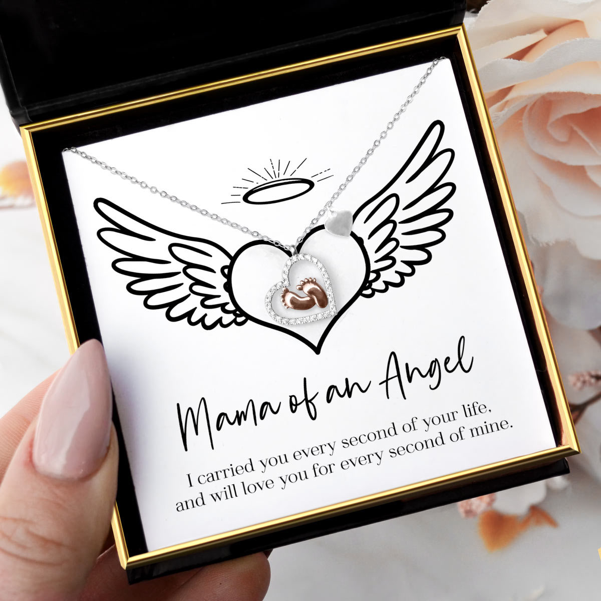 Mother's Day Gift Mama Of An Angel - Baby Feet Heart Pendant Necklace Gift Set-Engravingift