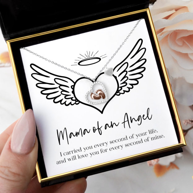 Mother's Day Gift Mama Of An Angel - Baby Feet Heart Pendant Necklace Gift Set-Engravingift