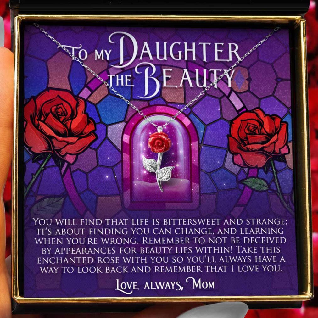 Mother's Day Gift To My Daughter The Beauty (Enchanted Rose Card) - Red Rose Necklace Gift Set-Engravingift