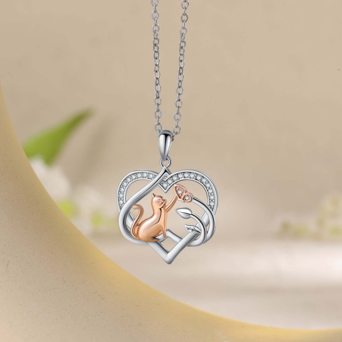 Mother's Day Gift Heart Cat Pendant Necklace with Diamond Cat Lover Birthday Gift-Engravingift