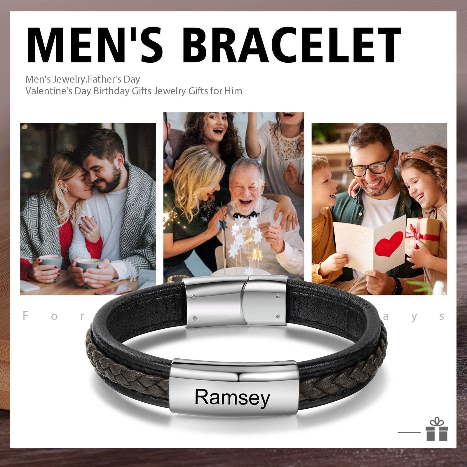 Christmas Gift Men Leather Bracelet Personalized Name ID Bar Bracelet for Him