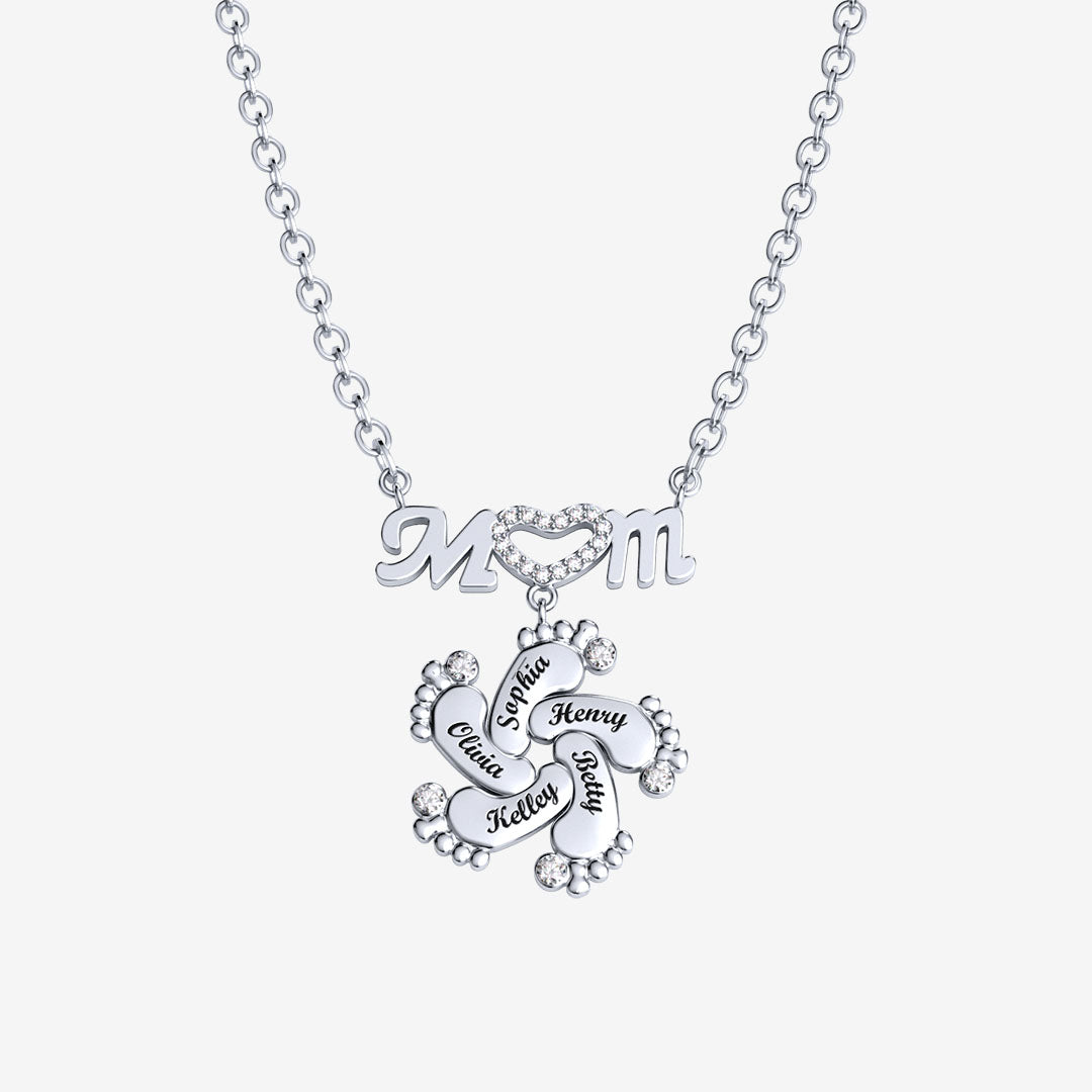 Christmas Gift Personalised Heart Crystal Mom Necklace With Baby Feet