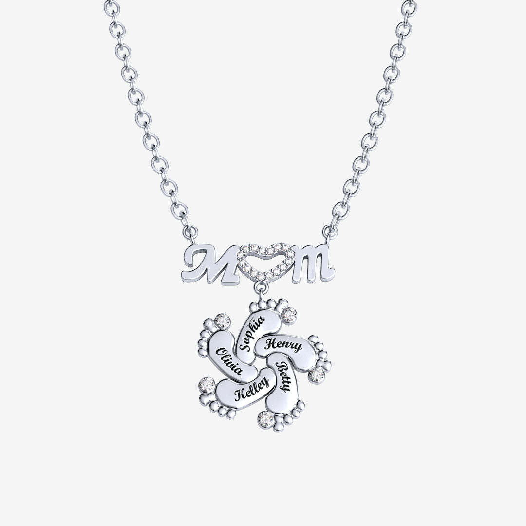 Christmas Gift Personalised Heart Crystal Mom Necklace With Baby Feet