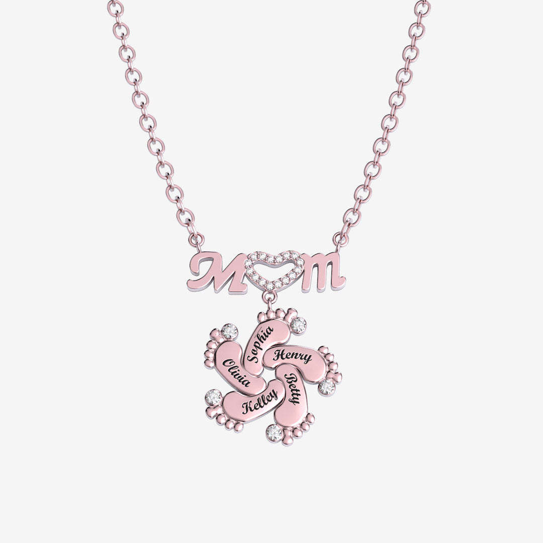 Christmas Gift Personalised Heart Crystal Mom Necklace With Baby Feet