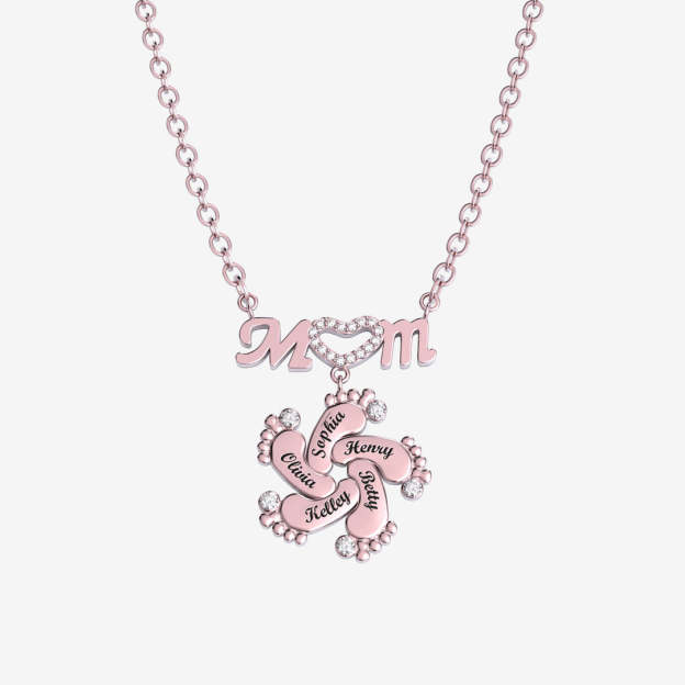 Christmas Gift Personalised Heart Crystal Mom Necklace With Baby Feet