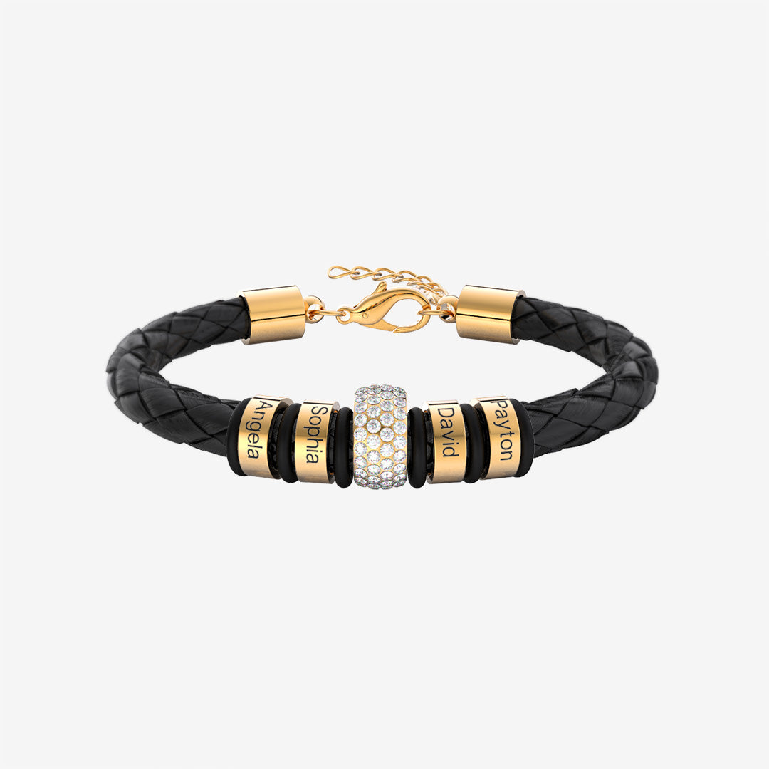Father's Day Gift Men Braided Leather Bracelet with Diamond Custom Beads