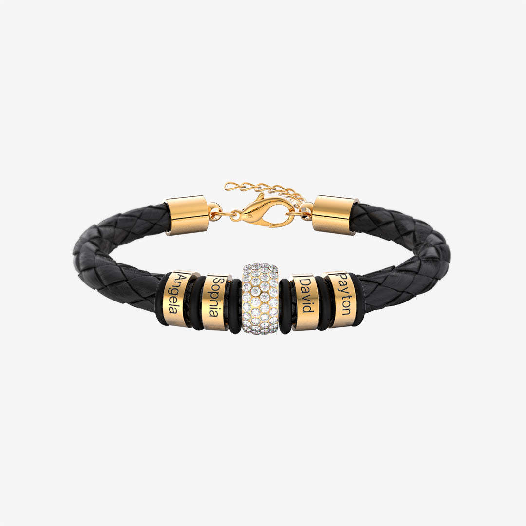 Father's Day Gift Men Braided Leather Bracelet with Diamond Custom Beads